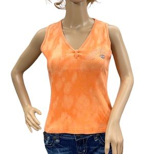 HARLEY-DAVIDSON Women’s Orange Bleach Tie Dye Ribbed V-Neck Tank Top Sz Large